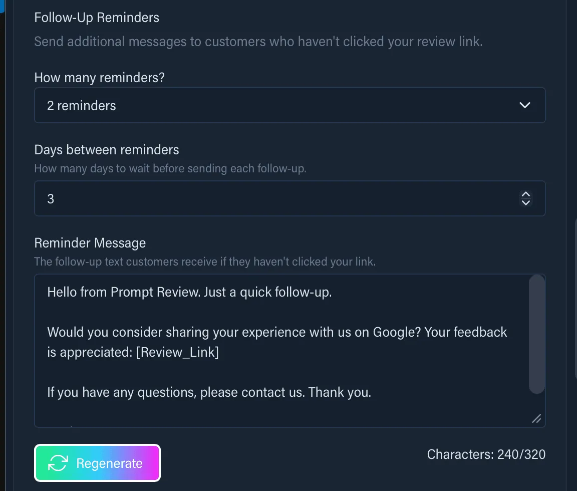Follow-up reminder settings showing number of reminders and days between reminders