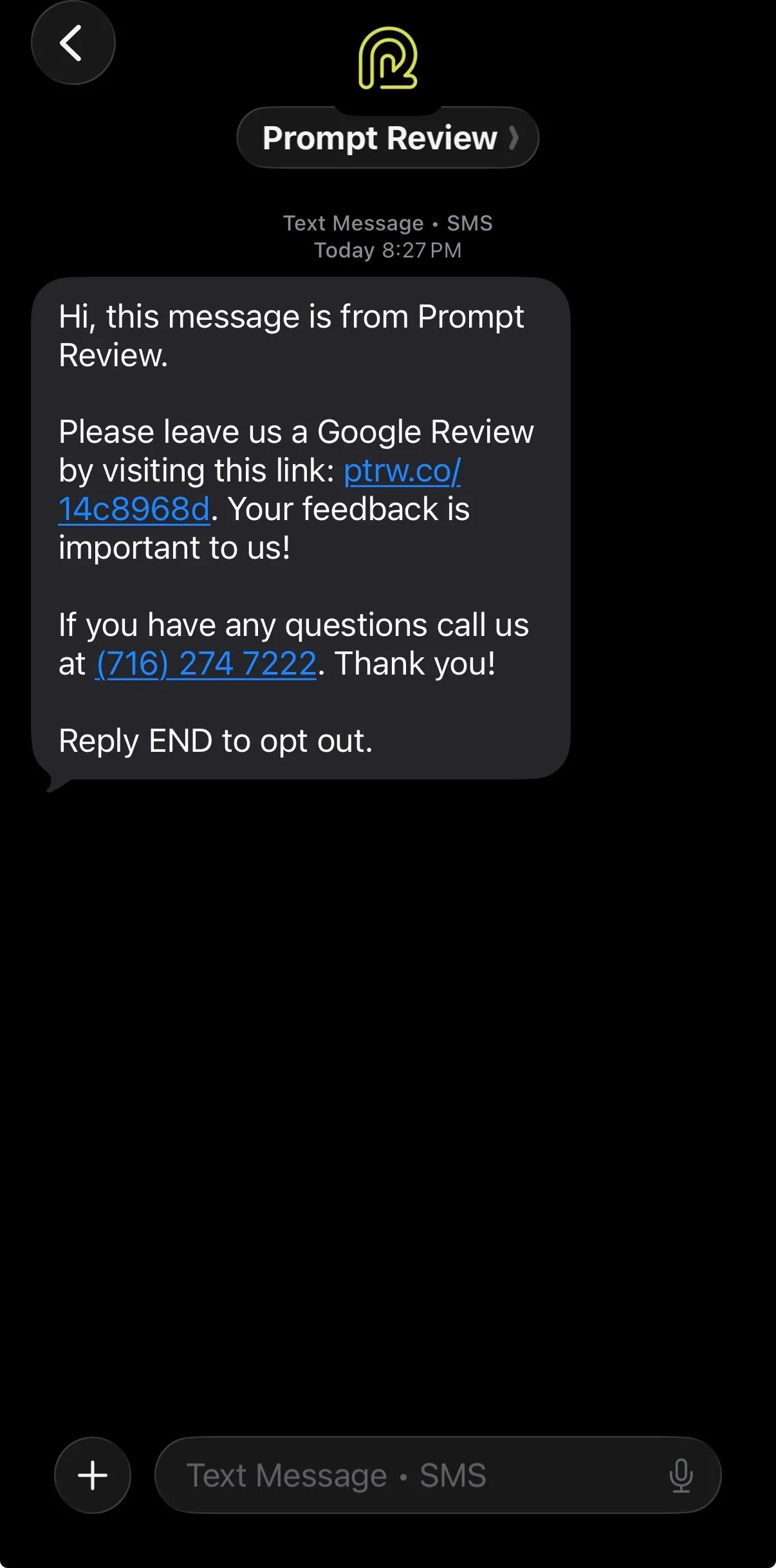 Text message thread showing a Prompt Review Google Review request
