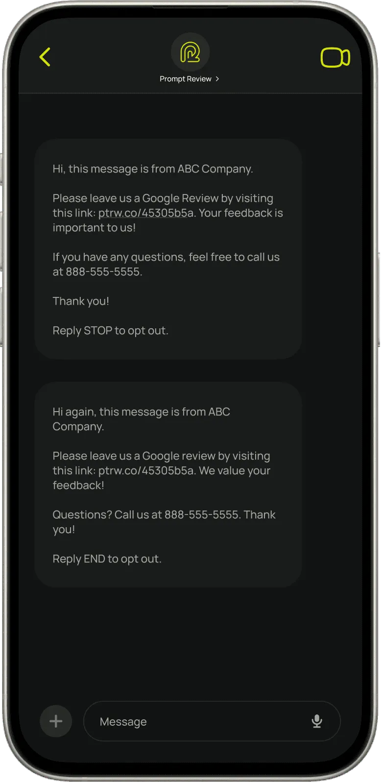 Prompt Review text message conversation showing a review request sent to a customer