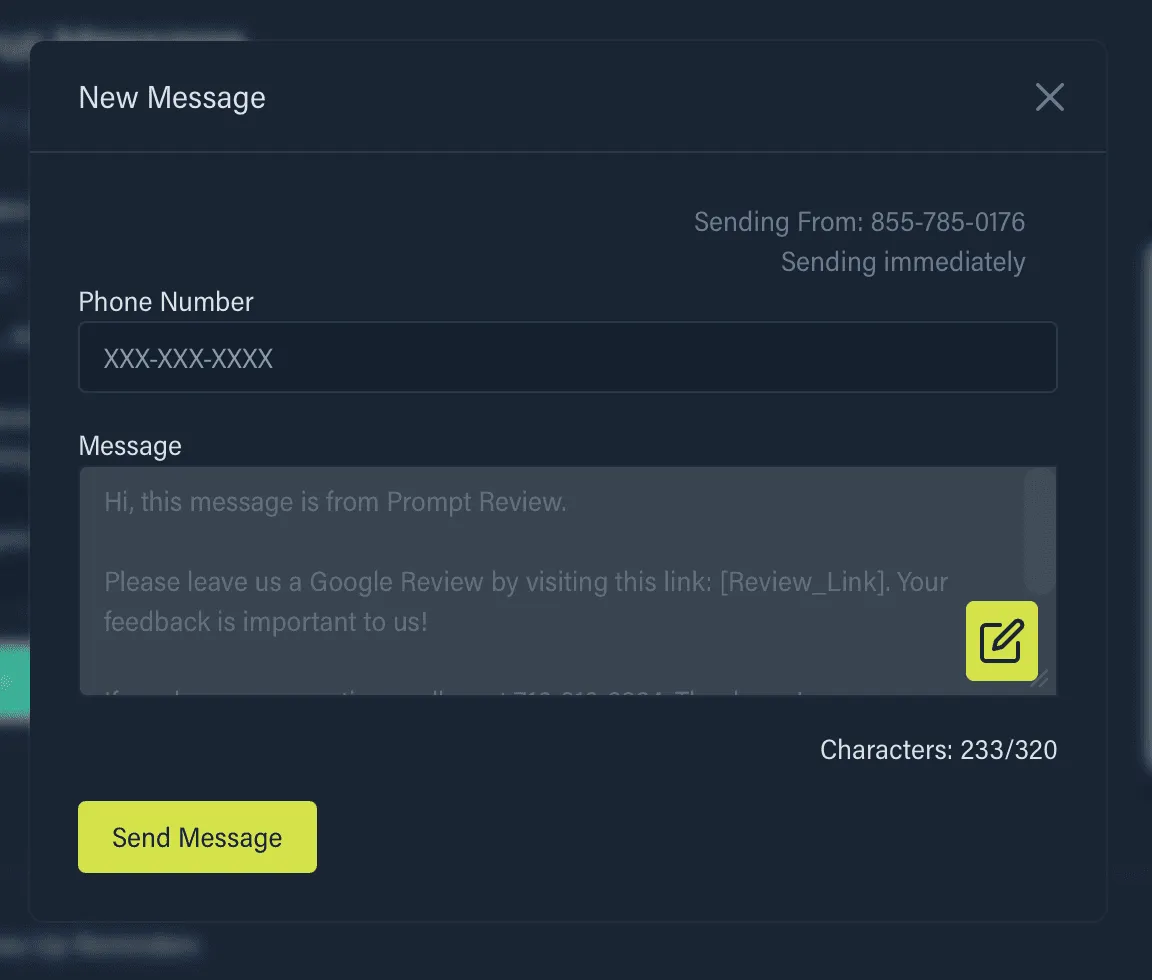 Prompt Review compose screen for sending a new review request text message