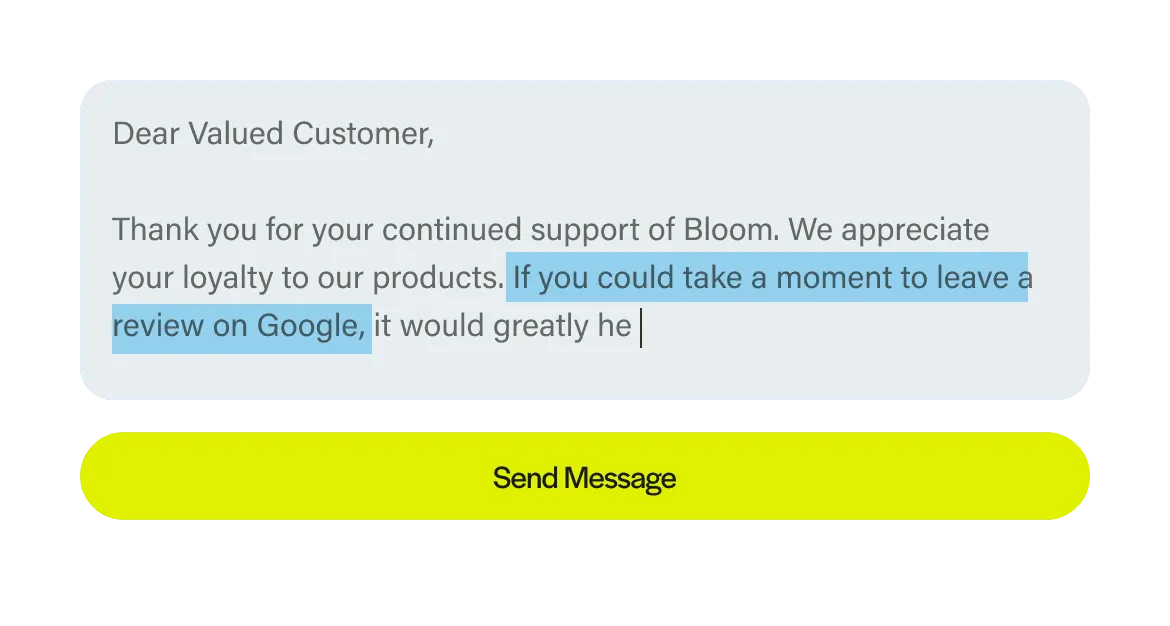 Editable review request message template with custom business wording highlighted