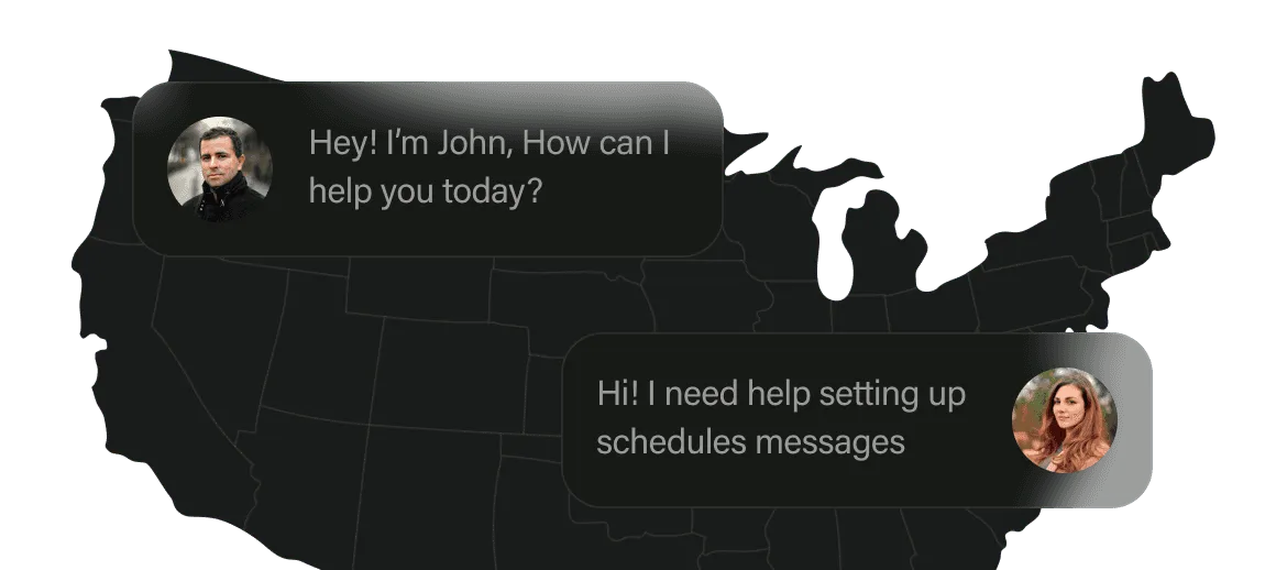 Support chat bubbles over a map of the United States